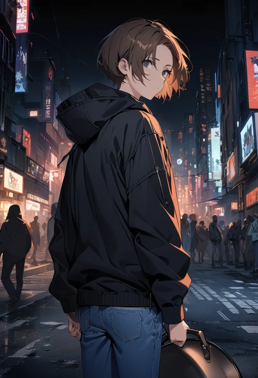 (BEST QUALITY), (MASTERPIECE), illustration, Extremely_detail, 4k wallpaper , midnight, man,black hoodie parka, blue jeans, 18 years old , brown Hair, short hair, black eyes, holding a pan, black pan, smart, Background of the city, Zombies are walking in the city