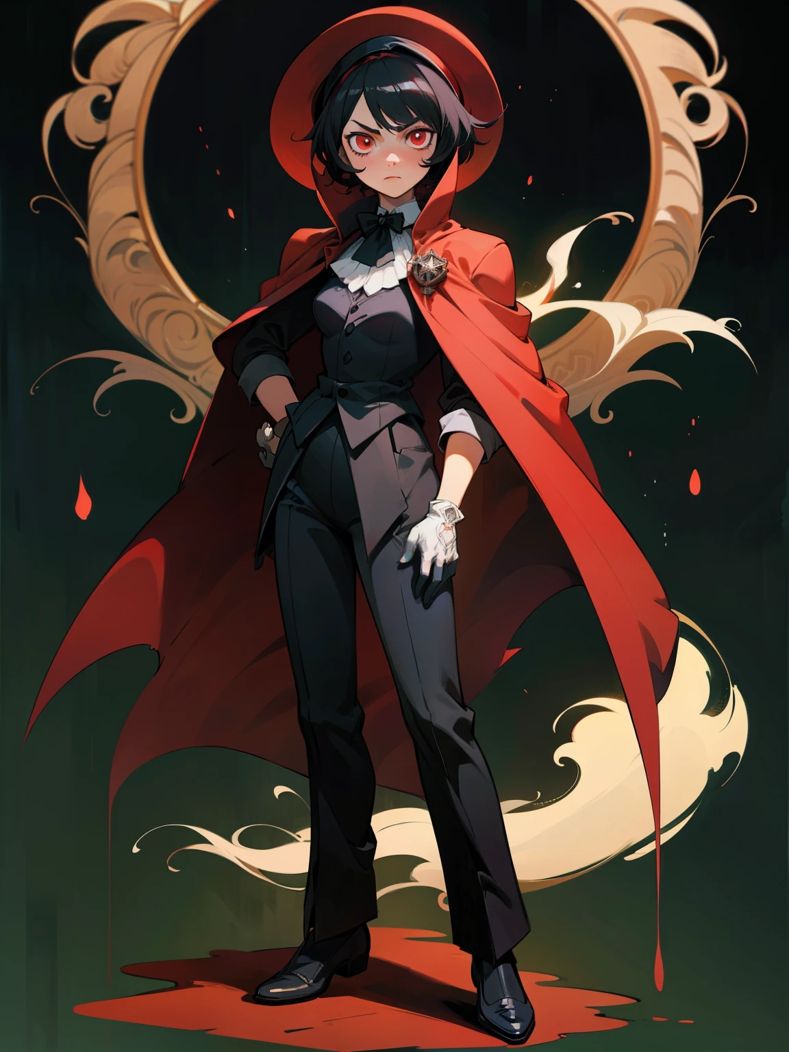 anime girl in a butler outfit, short black hair, red crimson eyes, closed mouth, serious, cape, big wizard hat, full body shot, gloves, anime, Gothic art, high details, high quality, 4K, HD, masterpiece, anatomically correct