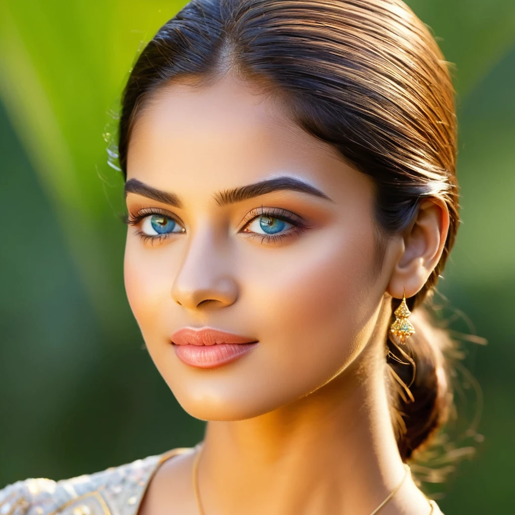 Prachi Rawat, an 18-year-old with an oval face that exudes balance and symmetry. Her large, almond-shaped blue eyes are captivating, reflecting her expressive nature. Natural arch eyebrows of medium thickness frame her face, extending just beyond her eyes' corners. Prachi's button nose is small and rounded, with a soft, defined tip and a smooth, gently sloping bridge that blends seamlessly into her face. Her full, well-defined lips boast a natural rosy hue and a prominent Cupid's bow, enhancing her smile's symmetry and overall allure. High cheekbones add a sculpted elegance to her features, gracefully angular and catching light effortlessly. A gracefully sculpted jawline with a subtle angularity complements her soft, rounded chin, emphasizing her facial symmetry and youthful appearance. Her smooth, moderately high forehead frames her face with a natural hairline, while medium-sized ears with defined contours sit symmetrically, contributing to her balanced and attractive appearance. Prachi's golden-wheatish skin tone glows with health, its smooth and clear texture enhancing her natural radiance.