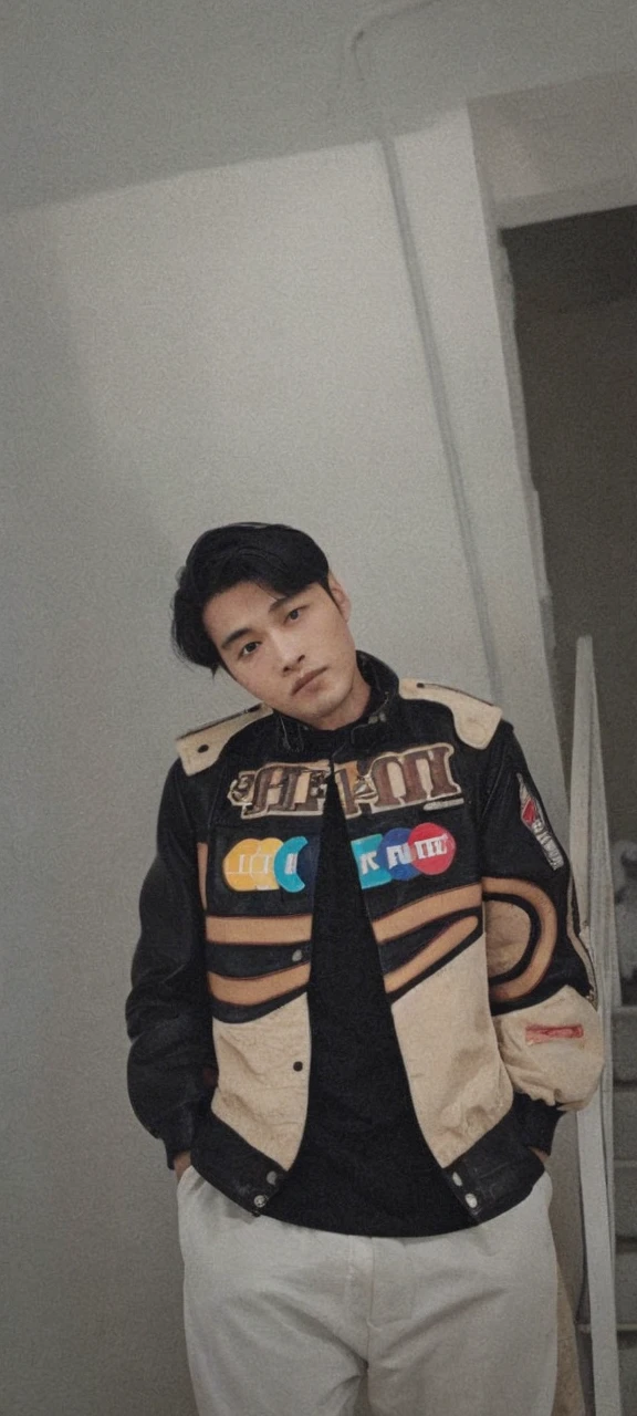 Seen from the front、Handsome 30-year-old man wearing a black leather jacket、Black background
