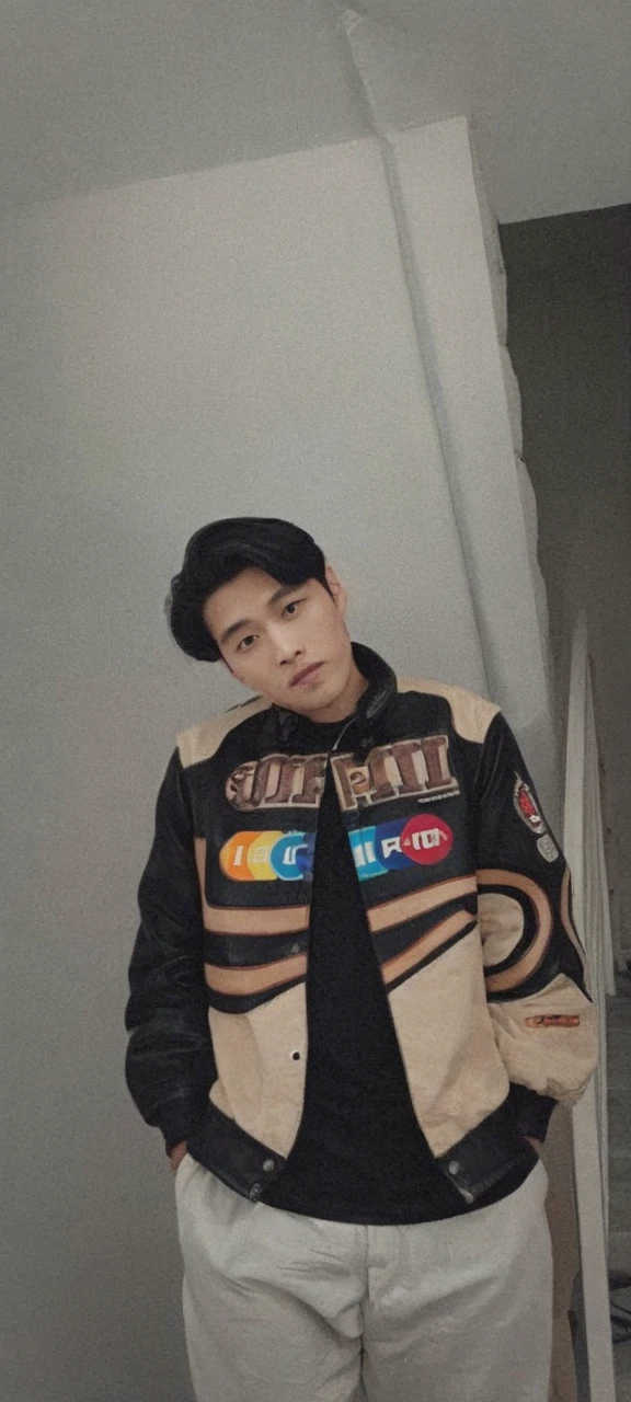 Seen from the front、Handsome 30-year-old man wearing a black leather jacket、Black background