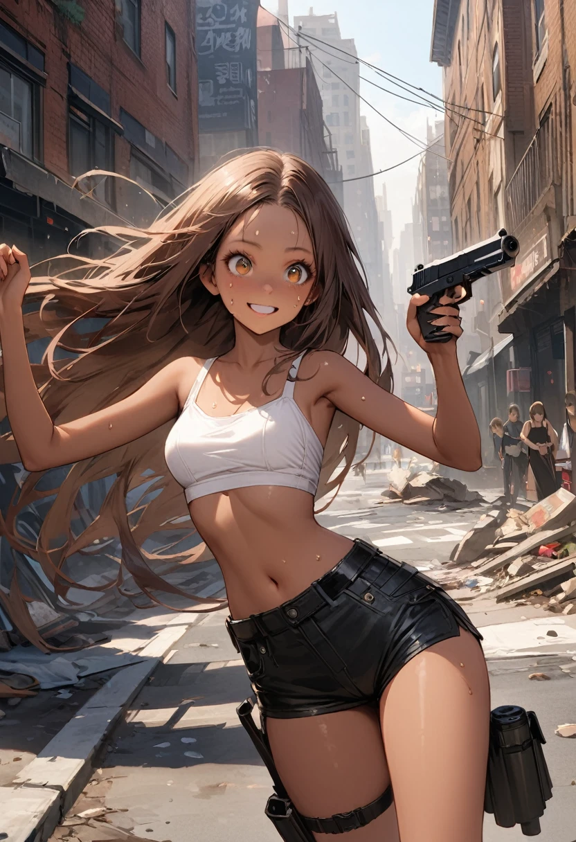 Dynamic gun action scenes、Woman shooting down zombieasterpiece,Highest quality:1.3,best quality illustration)),(realistic),cowboy shot,独奏,1woman,25 year old beauty,brown hair,long hair,bangs,brown eyes,(gorgeous big eyes),((very small head:1.3)),A strong smile,((very long body:1.2,skinny)),((tan skin:1.4)),medium breasts,White tube top bra、navel,Black leather micro shorts、Leg Holster,((Holding a handgun in your hand)),gleaming skin,slender body,sweat,walk,Collapsed Buildings、on street,New York City、Resident Evil World、