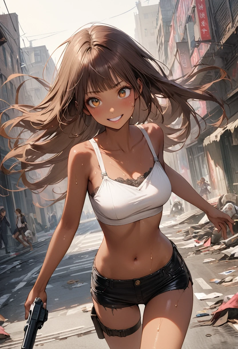 Dynamic gun action scenes、Woman shooting down zombieasterpiece,Highest quality:1.3,best quality illustration)),(realistic),cowboy shot,独奏,1woman,25 year old beauty,brown hair,long hair,bangs,brown eyes,(gorgeous big eyes),((very small head:1.3)),A strong smile,((very long body:1.2,skinny)),((tan skin:1.4)),medium breasts,White tube top bra、navel,Black leather micro shorts、Leg Holster,((Holding a handgun in your hand)),gleaming skin,slender body,sweat,walk,Collapsed Buildings、on street,New York City、Resident Evil World、