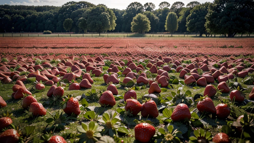 A fields of strawberry, background texture and detail, no people or faces, flat lay composition, high resolution photography, wide angle, shot in the style of Canon EOS5D Mark III camera --ar 85:128 --v 6.0 --style raw