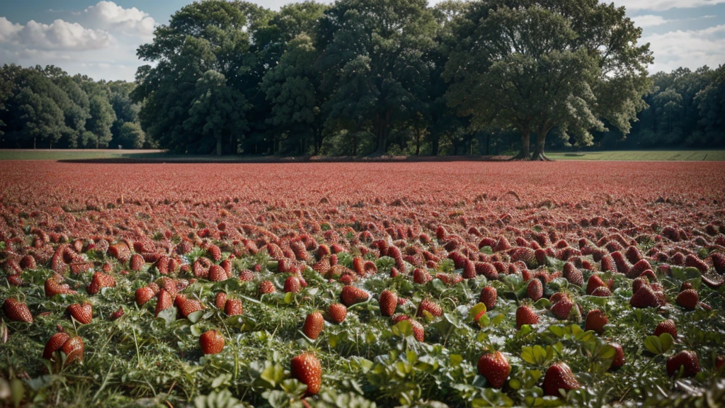 A fields of strawberry, background texture and detail, no people or faces, flat lay composition, high resolution photography, wide angle, shot in the style of Canon EOS5D Mark III camera --ar 85:128 --v 6.0 --style raw