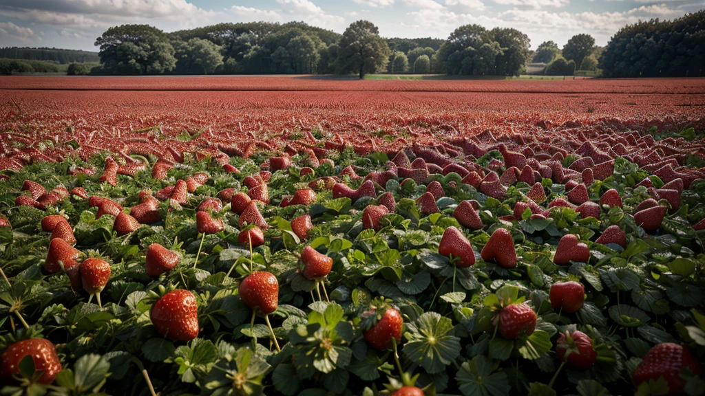 A fields of strawberry, background texture and detail, no people or faces, flat lay composition, high resolution photography, wide angle, shot in the style of Canon EOS5D Mark III camera --ar 85:128 --v 6.0 --style raw