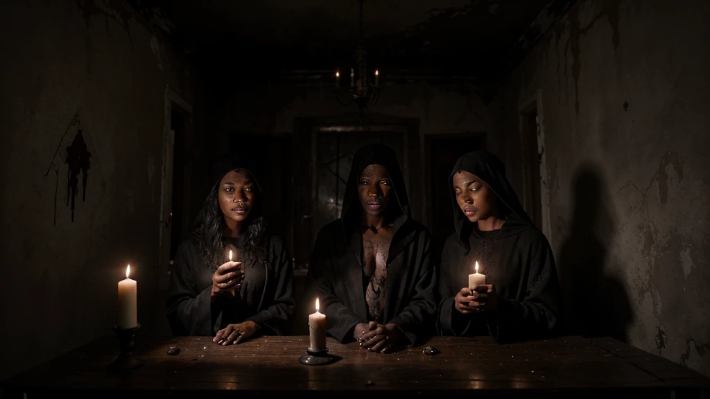 Four friends of different race, inside the black magic ritual in an abandoned house, with people in black robes, blood candles, voodoo, dark magic