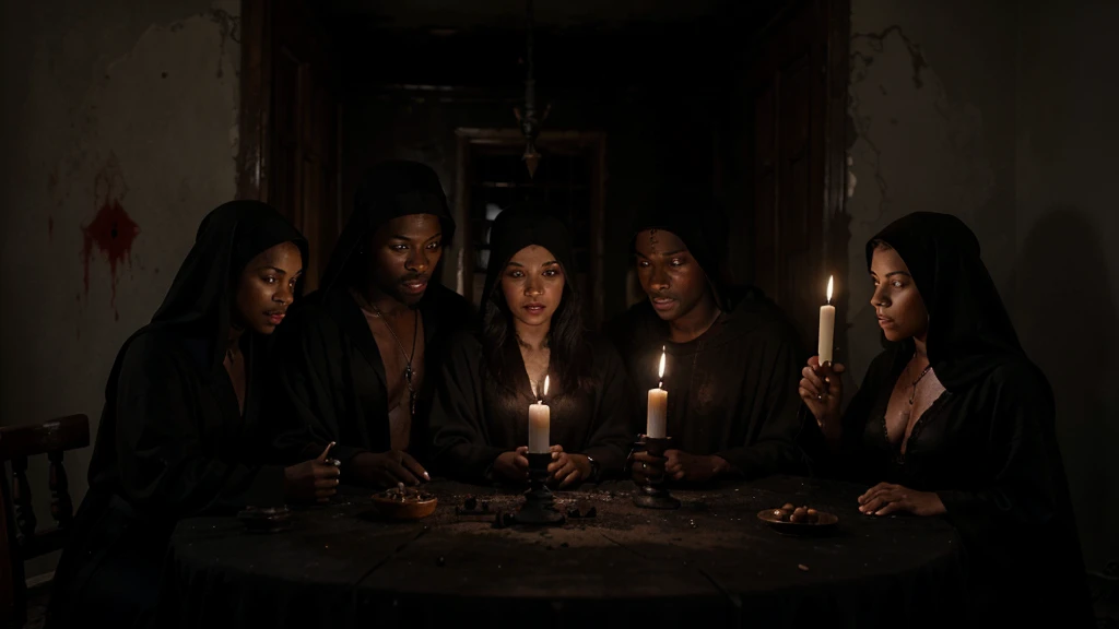 Four friends of different race, inside the black magic ritual in an abandoned house, with people in black robes, blood candles, voodoo, dark magic