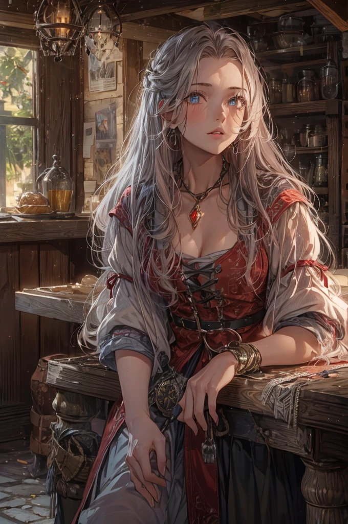 1girl, a highly detailed, photorealistic 8K image of a beautiful young woman with long, curvy, messy silver hair and ruby color eyes, set in a fantasy secluded old and small tavern, red and white peasant tunic, high leather boots, (dawning light), pink hue cheek, (gentle expression), award winning, high resolution, ((set in medieval))