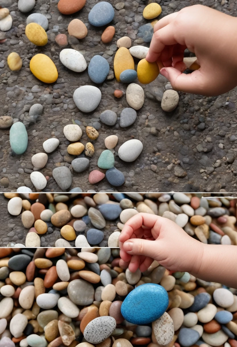 Small made out of pebbles tearing himslef apart and hanging the pebbles to an older version of themselve made out of stone