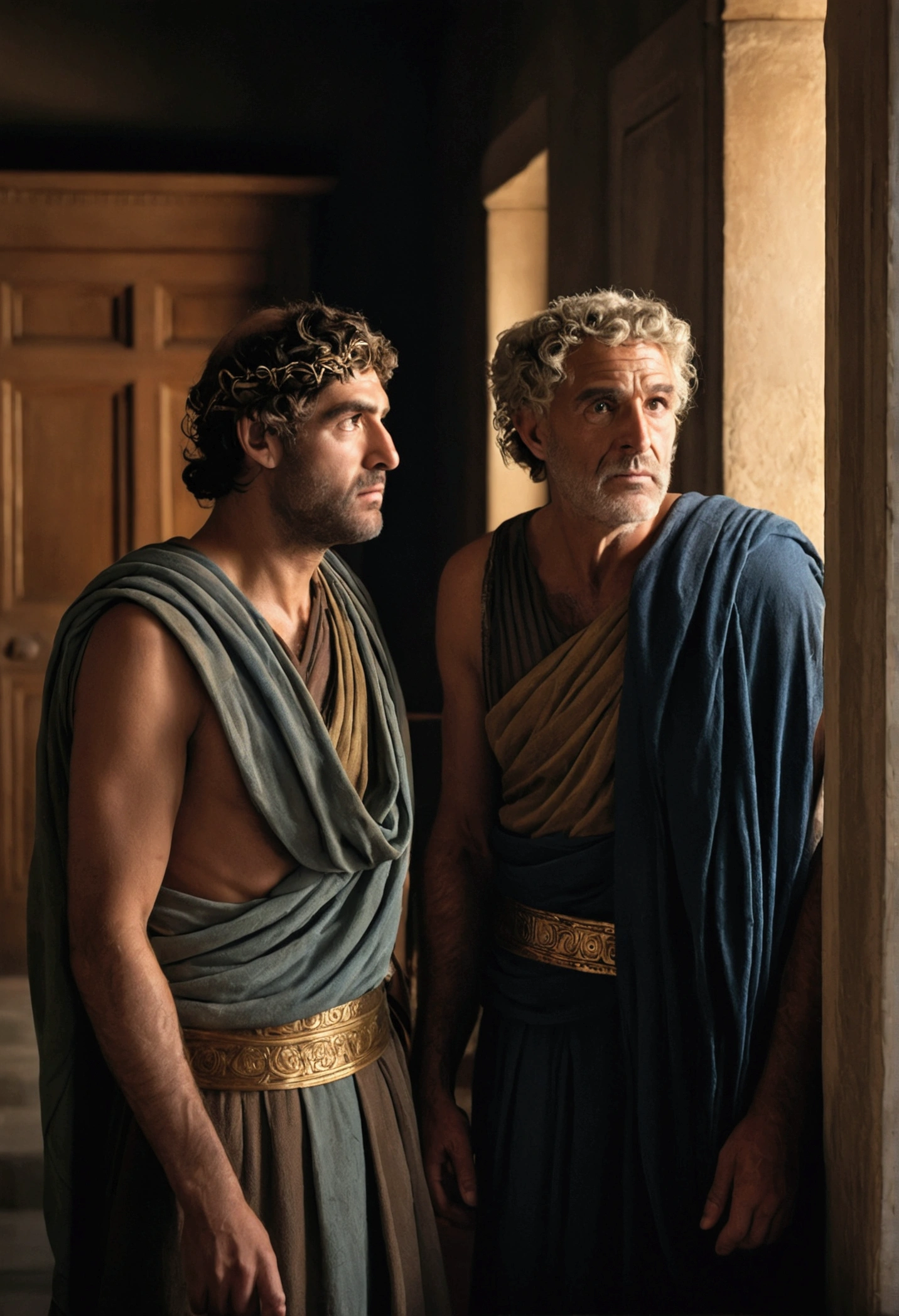 A detailed and high-quality Stable Diffusion prompt for the given topic would be:
two ancient Greek men hiding in a dark interior of a house,extremely detailed faces,realistic historical clothing,dramatic lighting,chiaroscuro,dramatic shadows,intricate architectural details,high quality,detailed,photorealistic,cinematic,award winning photography,rich color palette
