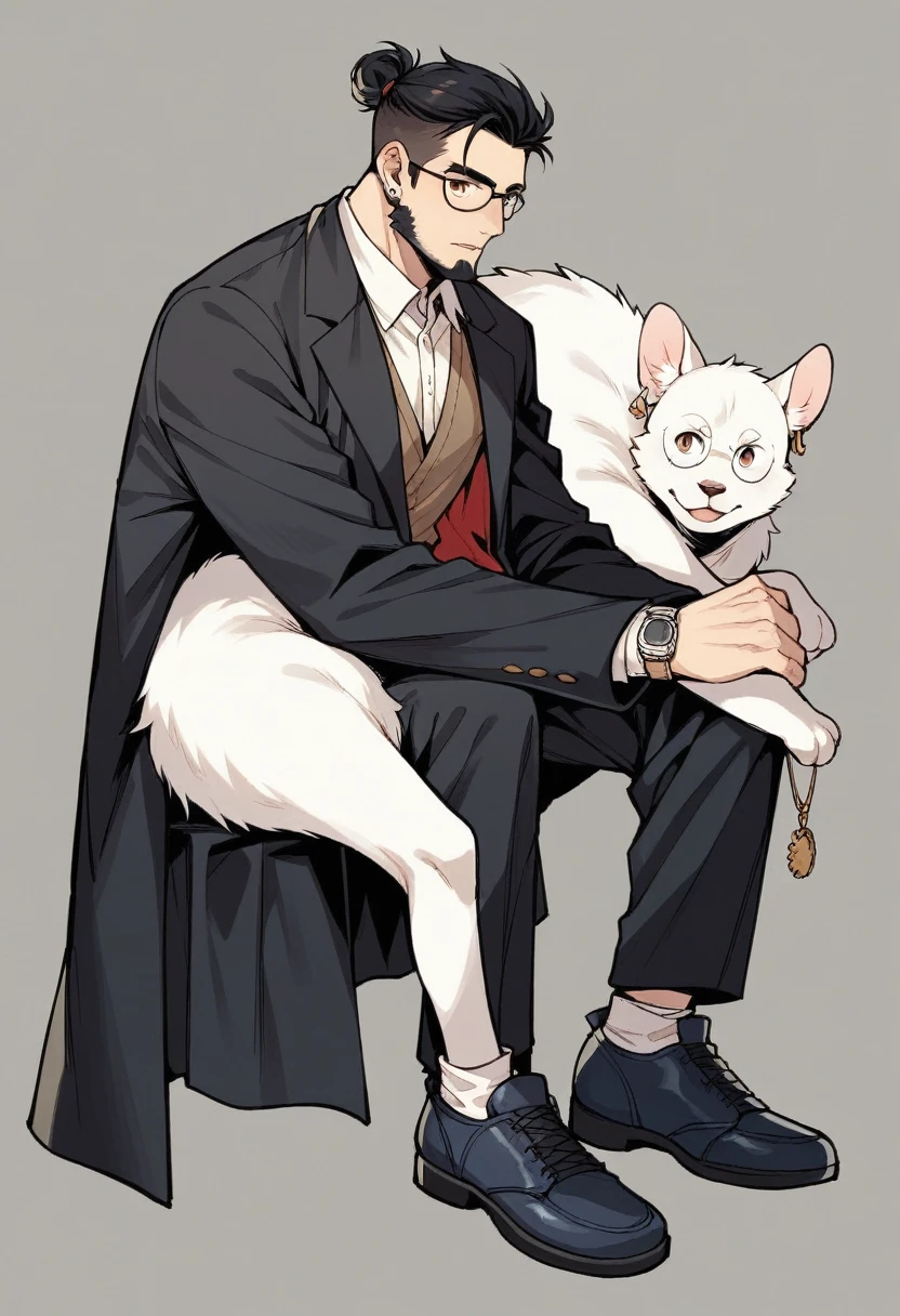 young man, male gender, black hair with a LITTLE red in a sidecut bun, very light goatee beard, hazel eyes. Large black coat with white fur on the sides covered, silver watch, big gold earring, small round dark glasses, dark blue shoes, Wide black pants.