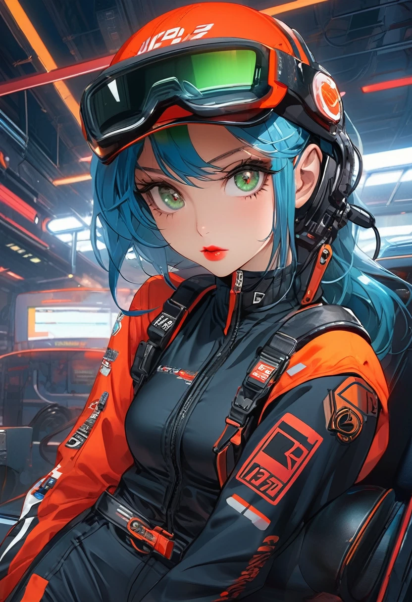 A young and very sexy and beautiful adult woman with large green eyes, long Blue hair and heavily inspired in cyberpunk art. Impeccably make up with red lipstick, dark eyeshadow accentuating her bright eyes. She's dressed in an racing automobilist suit (Use the colors F72798, F57D1F and EBF400 for the suit). Sporting large, colorful headphones, she giving a side look tô the camera. The background is just a black canvas.