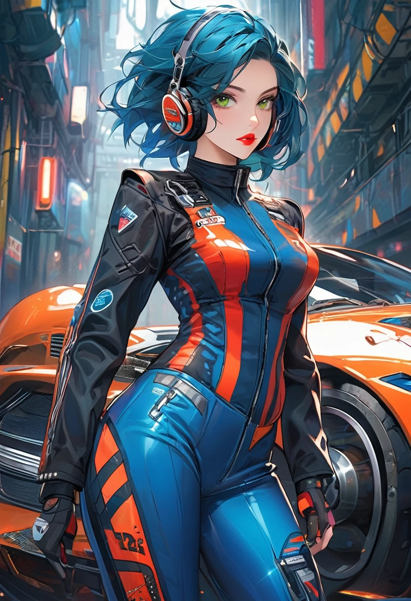 A young and very sexy and beautiful adult woman with large green eyes, long Blue hair and heavily inspired in cyberpunk art. Impeccably make up with red lipstick, dark eyeshadow accentuating her bright eyes. She's dressed in an racing automobilist suit (Use the colors F72798, F57D1F and EBF400 for the suit). Sporting large, colorful headphones, she giving a side look tô the camera. The background is just a black canvas.