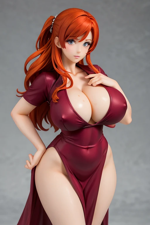 figure of a big breast redhead, sweaty cleavage, sexy dress
