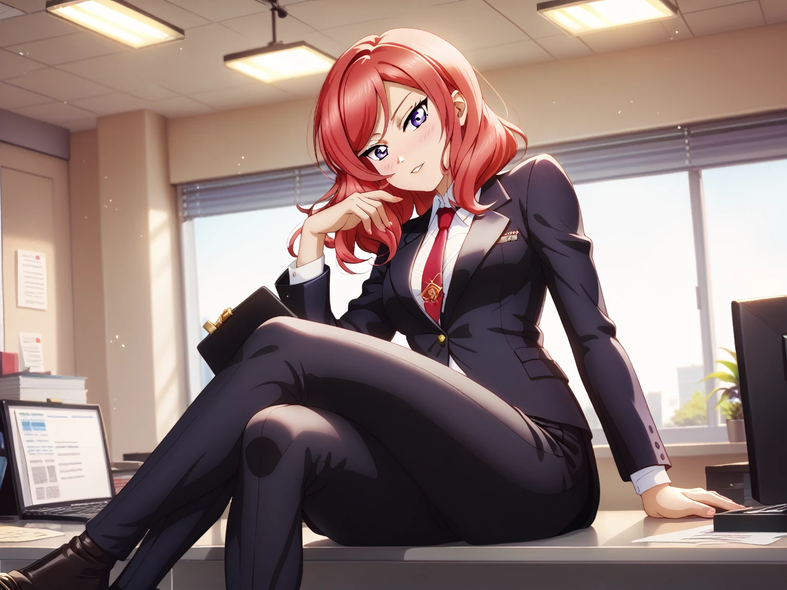 masterpiece, best quality, nishikino maki,red hair, purple eyes, black formal suit, pants, sitting , crossed legs ,neck tie, Sexual seduction, sexualised ,in office , from view 