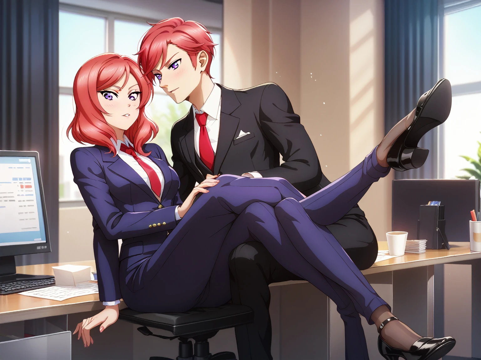 masterpiece, best quality, nishikino maki,red hair, purple eyes, black formal suit, pants, sitting , crossed legs ,neck tie, Sexual seduction, sexualised ,in office , from view 