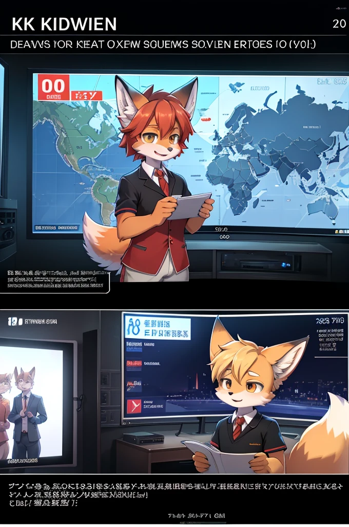 fox boy,Television anchor,8k resolution,high resolution,最high resolution,News-like caption,Broadcasting station logo,Casual wear,Display the emergency alert message below,Like I was in a hurry.,earthquake