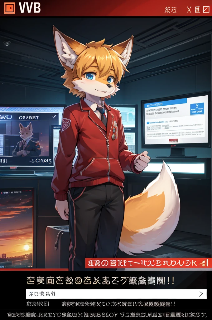 fox boy,Television anchor,8k resolution,high resolution,最high resolution,News-like caption,Broadcasting station logo,Casual wear,Display the emergency alert message below,Like I was in a hurry.,earthquake