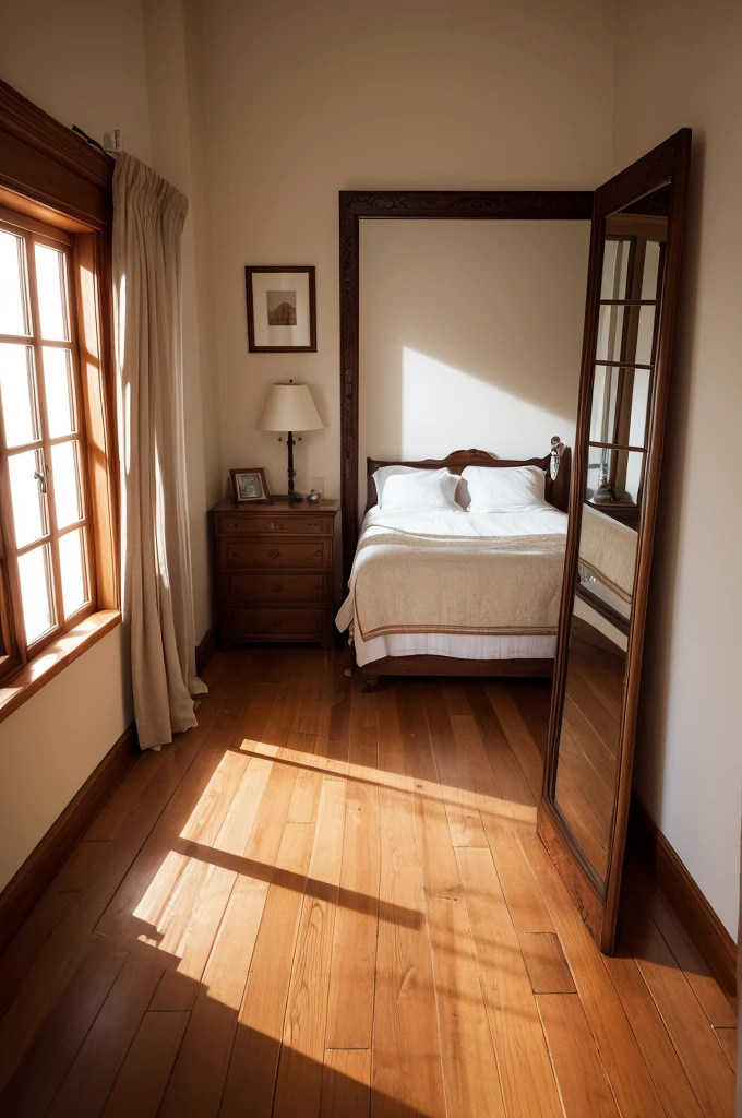 It was a discreet little room, with a beautiful wooden floor and a long wrought-iron mirror in the far corner. The wind that came through the windows lightly fluttered the linen curtains., and the clean sheets stood out, with a radiant white, on a warm crimson quilt.