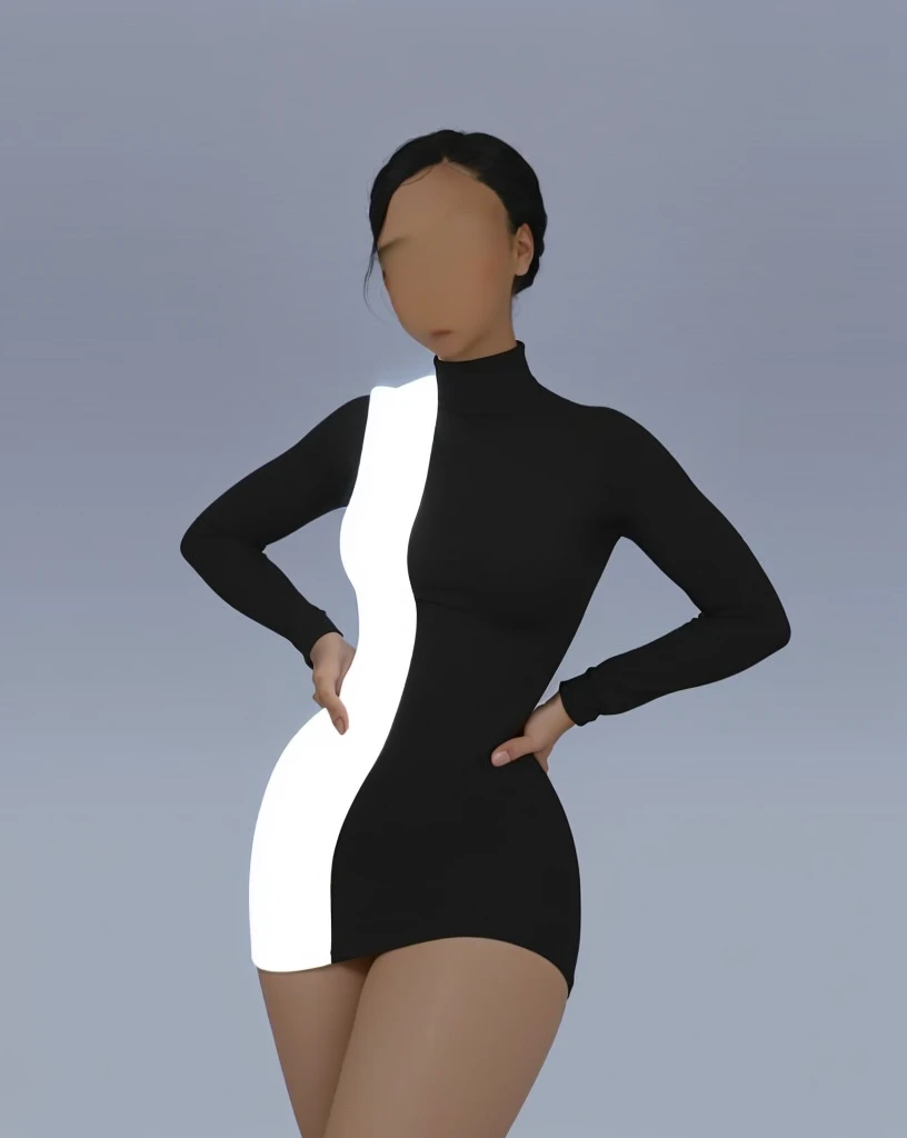 Blank studio background, (Beautiful teen girl, Yara Shahidi, KIKI Layne, Kylie Jenner, Maitreyi Ramakrishnan, young Jessica Alba), Wearing tight white and black cotton-Lycra-fabric long sleeve mini dress, round breasts, (HDR, 8K, perfect lighting, vivid, vibrant, detailed: 1.4), (hyper realistic, movie graphics)