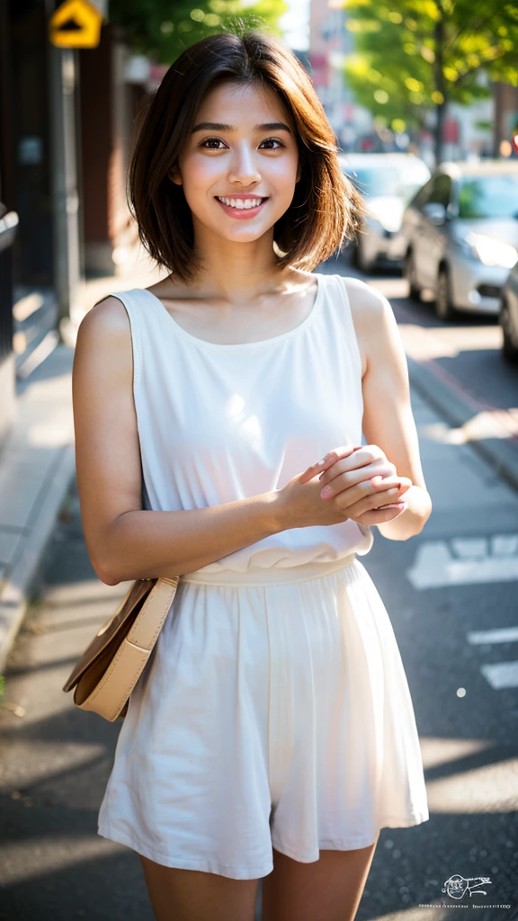 high quality,master piece,by famous artist,high resolution,lens flare,a girl, one girl,solo focus,alone,4K,8k,raw photo,perfect anatomy,short brown hair,watch,big eyes,Japanese women,Age 27,healthy,maternal,positive,bright,kind,Young Woman Fashion,Trending Fashion,Casual Fashion、Beautiful Skin,Fair skin,最high quality,4K,8k,masterpiece,Young and beautiful,Charm,ccup bust、An innocent smile、smile、teeth、A little embarrassed expression、posing、one girl、In town、one girl、Accurate hands、Accurate legs、Detailed hands and fingers、Anatomically correct body、one girl,very nice lady,one girl