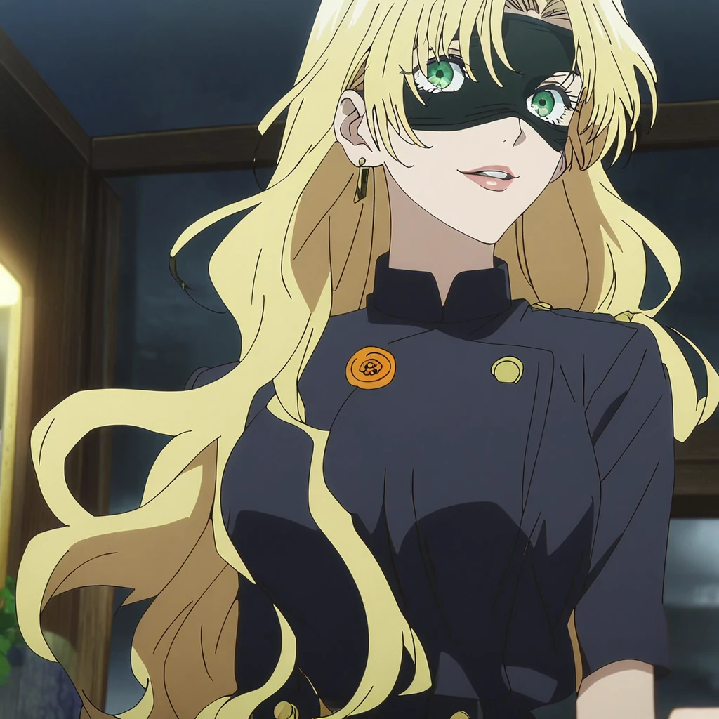 1girl, female gojo satoru, anime screencap from jujutsu kaisen, gojo satoru female version, solo, long_hair, ((green eyes)) ((Yellow hair,  wavy hair)), night view, (hanging breasts) upper_body, smile, indoors, book, lips, (long hair) ((wearing black color uniform, no design, orange button)) breast, "very detailed and high resolution" (black blindfold) ((solo)) (((front view))) (earings) ((high resolution)) ((good quality)) ((silky hair)) 