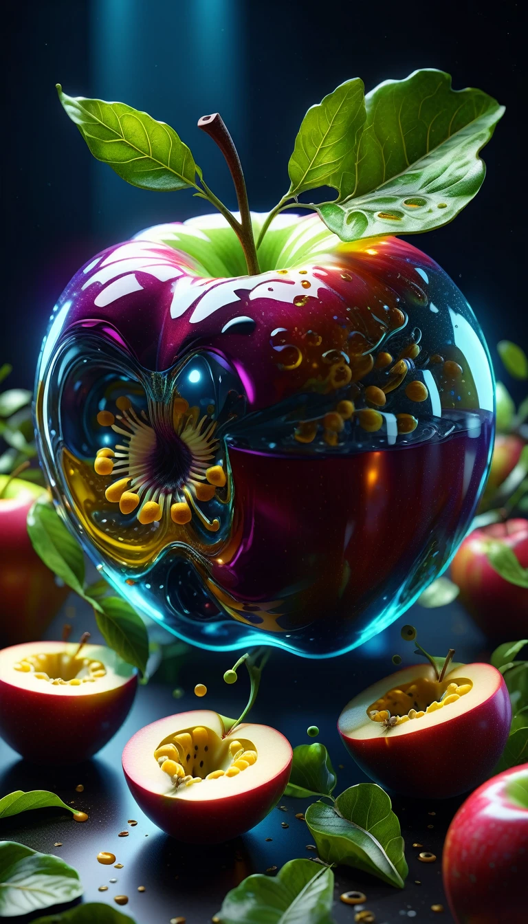 hyper detailed masterpiece apple,dynamic,awesome quality,floating liquid plant,ral-passion fruit,photorealistic,cinematic lighting,3d,highly detailed,intricate details,ultra-realistic,ultra-detailed,hyperrealistic,hyper-realistic,octane render,4k,8k,highly detailed description,sharp focus,extremely detailed,professional digital art,concept art,studio lighting,physically-based rendering,volumetric lighting,vibrant colors,natural colors,realistic textures,vivid colors,dramatic lighting