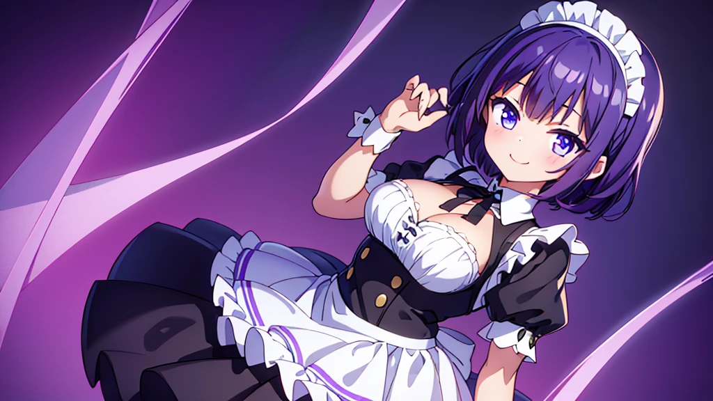 1girls, short purple hair, cute eyes, wearing maid costume, black and white maid uniform,  smiling ,  , high res, ultrasharp, 8K, masterpiece, looking at viewer