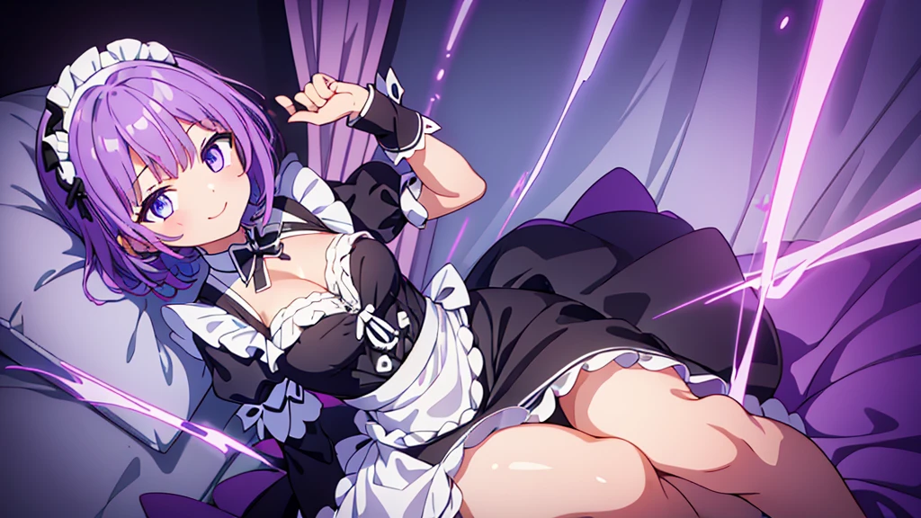 1girls, short purple hair, cute eyes, wearing maid costume, black and white maid uniform,  smiling ,  , high res, ultrasharp, 8K, masterpiece, looking at viewer