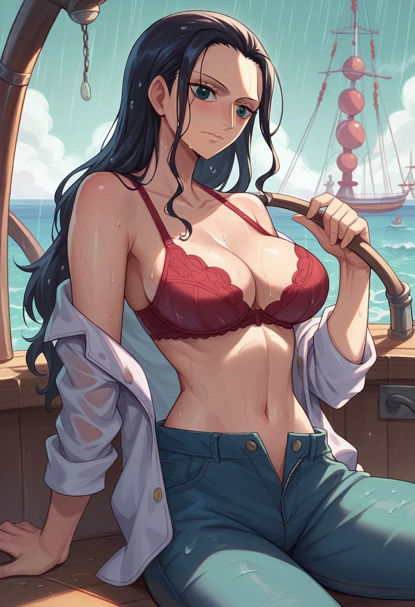1girl, art by Eiichirio Oda, nico robin on a ship, rainy weather, nico robin is wearing an maroon bra, short black denim, wet body and hair, colourful image, bra falling off her shoulder, unbottoned pant