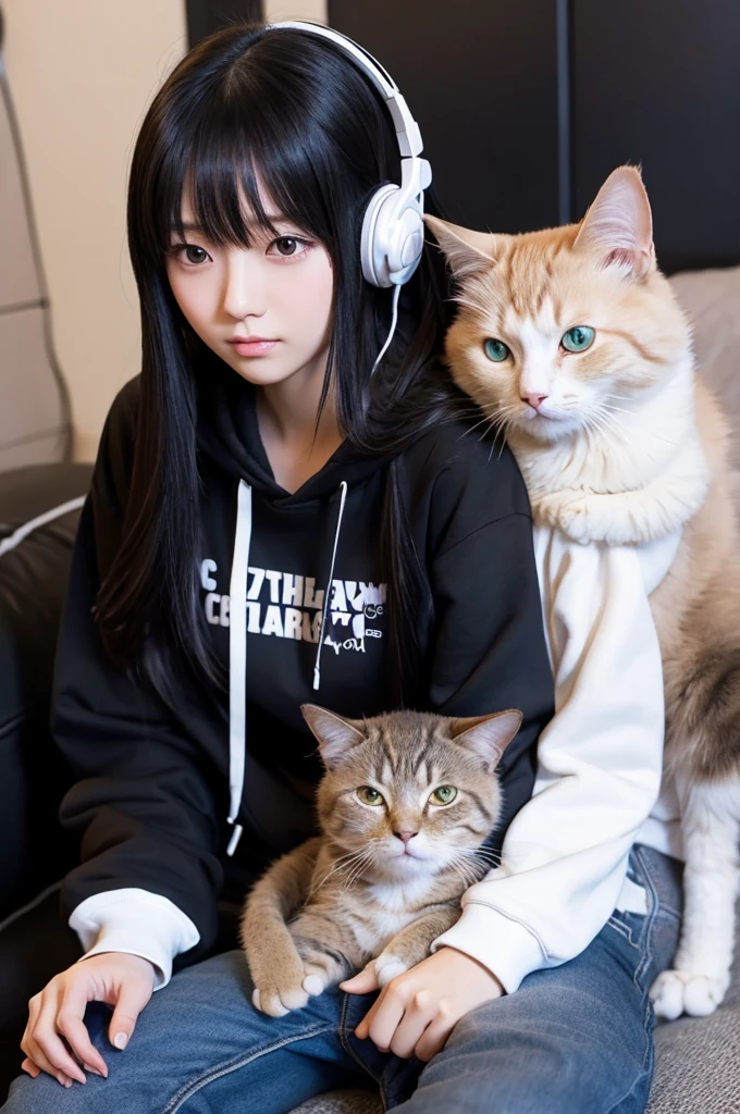 Playing a game、Long Black Hair、Anime Style、Cat on your lap、hoodie、I have headphones on
