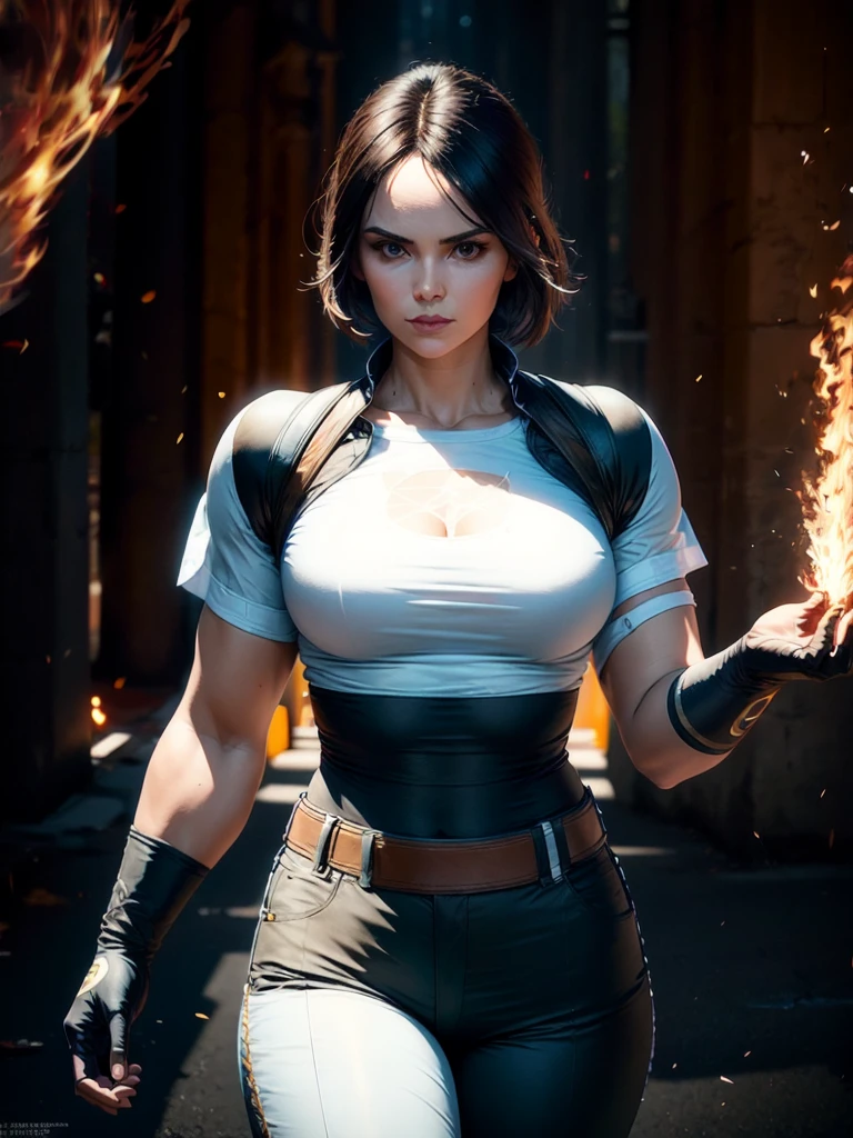 30-year-old woman, alone, alone, athletic, dark hair, white band on her forehead, white shirt, open black jacket, black hip-length pants, thin brown belt, wears black fingerless gloves that cover almost all of her forearm, serious look looking at viewer, fire coming out of his hand, cinematic, ultra sharp focus, award winning photography, perfect contrast, high sharpness, depth of field, ultra detailed photography, global illumination, fluid, ultra high definition, 8k, Unreal Engine 5, ultra-sharp focus, award-winning photography, art season trends,