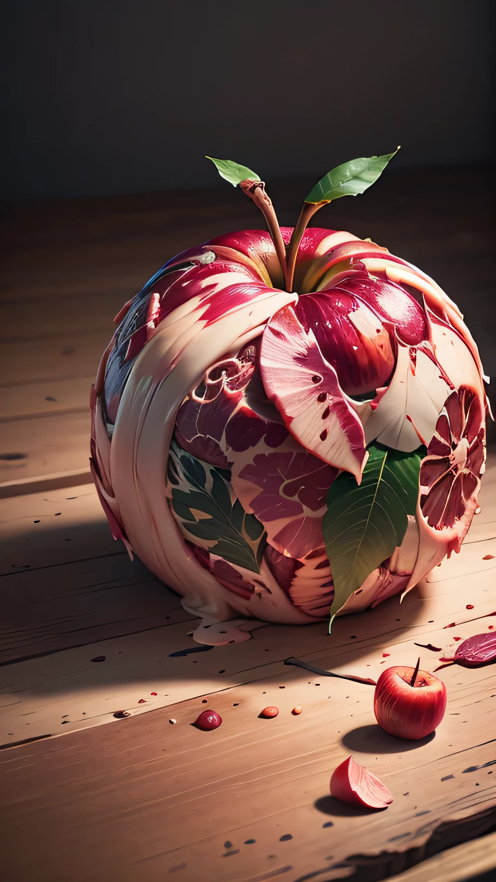 a raw meat apple, leaves, splashing water, flashing particles, depth of field, clean background, (best quality,4k,8k,highres,masterpiece:1.2),ultra-detailed,(realistic,photorealistic,photo-realistic:1.37),HDR,UHD,studio lighting,ultra-fine painting,sharp focus,physically-based rendering,extreme detail description,professional,vivid colors,bokeh,horror,dark,dramatic lighting