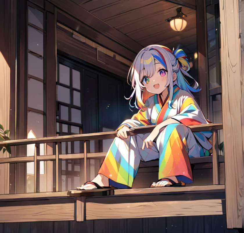 A rainbow haired girl with rainbow eyes , and in an rainbow kimono with a black obi and tradional sandals , in balcony