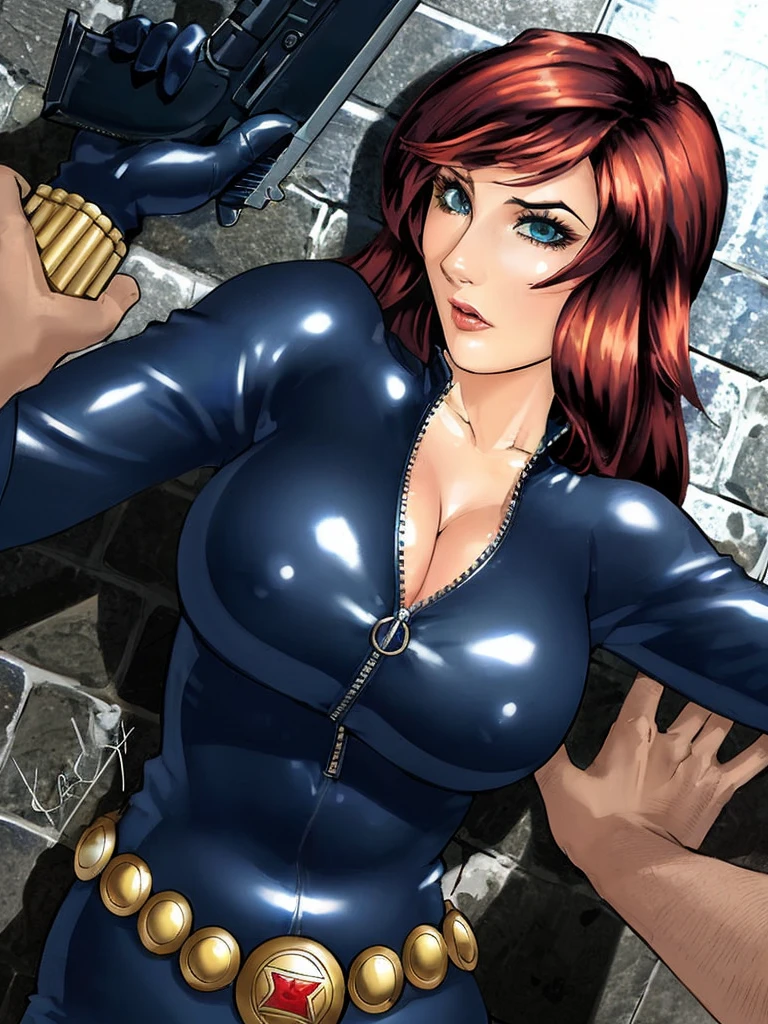 The image is a digital illustration of a woman with red hair, wearing a sleek skin-tight shiny blue latex bodysuit with a deep-cut zipper neckline revealing a large chest, the zipper running down the front. Her body is curvy, and she is brandishing a gun in her right hand. Her left hand is also visible with spread fingers resting against her hip. Her bodysuit is detailed with a belt. The gun she is holding has a distinctive design detail. The background of the image features a brick wall.