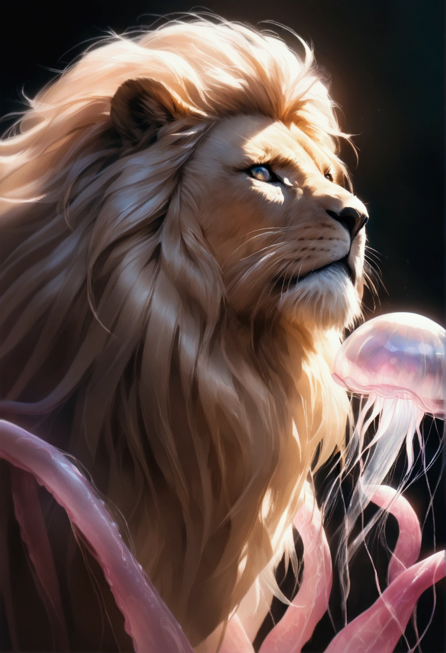A detailed, fantasy creature, a hybrid of a lion and a jellyfish, majestic and ethereal, with the body of a lion and the flowing, translucent tentacles of a jellyfish, breathtaking, cinematic, dramatic lighting, highly detailed, intricate anatomy, glowing bioluminescent tentacles, powerful yet graceful, photorealistic, 8k, award winning digital art