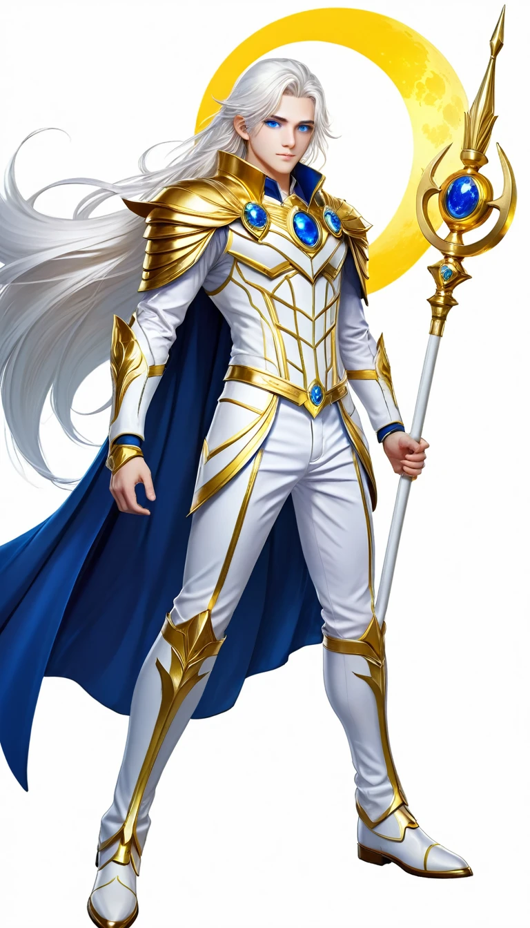 Magical boy, long white hair, blue eye, blue and white pant, white top with gold line, full body, Cape, Round Scepter with wings, On the forehead gold yellow moon symbol, white Bots with wings. 