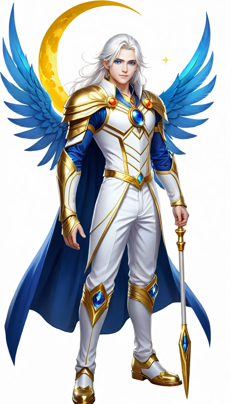 Magical boy, long white hair, blue eye, blue and white pant, white top with gold line, full body, Cape, Round Scepter with wings, On the forehead gold yellow moon symbol, white Bots with wings.