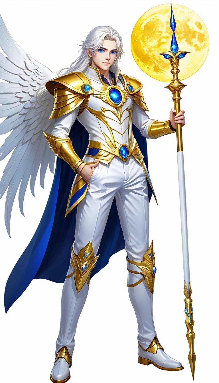 Magical boy, long white hair, blue eye, blue and white pant, white top with gold line, full body, Cape, Round Scepter with wings, On the forehead gold yellow moon symbol, white Bots with wings.