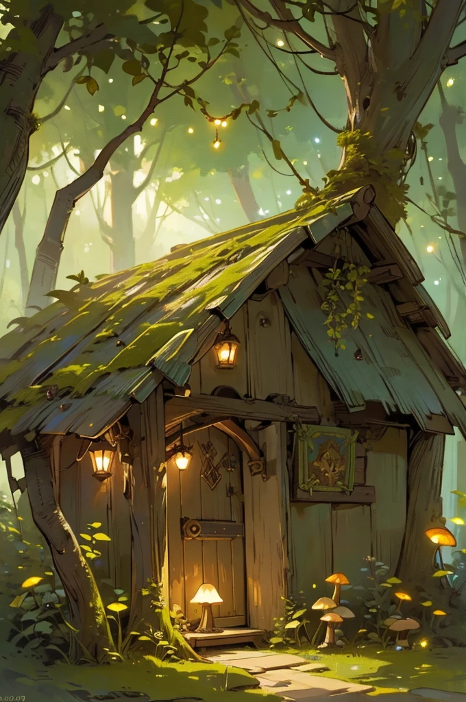 a beautiful rustic fairy door, intricate woodcarving, moss-covered, glowing mushrooms, fireflies, fairy lights, warm lighting, fantasy landscape, lush foliage, (best quality,4k,highres,masterpiece:1.2),ultra-detailed,concept art, vibrant colors, magical atmosphere