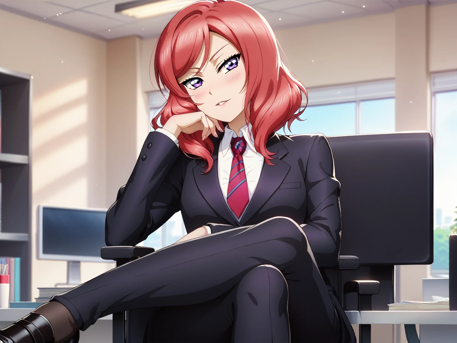masterpiece, best quality,solo, nishikino maki,red hair, purple eyes, black formal suit, pants, sitting , crossed legs ,neck tie, Sexual seduction, sexualised ,in office , from view