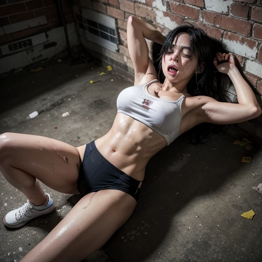 full body. a man and a pretty girl are fighting. he is beating her so hard. A high school girl street fighter is fighting with a man in an abandoned building. she is defeated. Her body is being punched hard by him. She is lying down. She is crying and screaming. She has bruises and blood all over her body and face. Muscular bodies. Six-pack abs. She has short-cut black hair, shortness of breath, drool from her mouth, one closed eye, exhaustion, and sweat soaked.