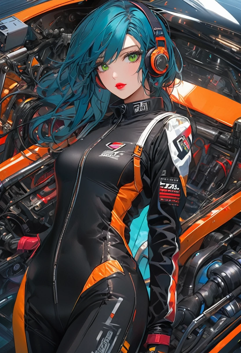 A young and very sexy and beautiful adult woman with large green eyes, long Blue hair and heavily inspired in cyberpunk art. Impeccably make up with red lipstick, dark eyeshadow accentuating her bright eyes. She's dressed in an racing automobilist suit (Use the colors F72798, F57D1F and EBF400 for the suit). Sporting large, colorful headphones, she giving a side look tô the camera. The background is just a black canvas.