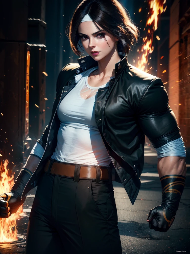 30-year-old woman, alone, alone, athletic, dark hair, white band on her forehead, white shirt, open black jacket, black hip-length pants, thin brown belt, wears black fingerless gloves that cover almost all of her forearm, serious look looking at viewer, fire coming out of his hand, cinematic, ultra sharp focus, award winning photography, perfect contrast, high sharpness, depth of field, ultra detailed photography, global illumination, fluid, ultra high definition, 8k, Unreal Engine 5, ultra-sharp focus, award-winning photography, art season trends,