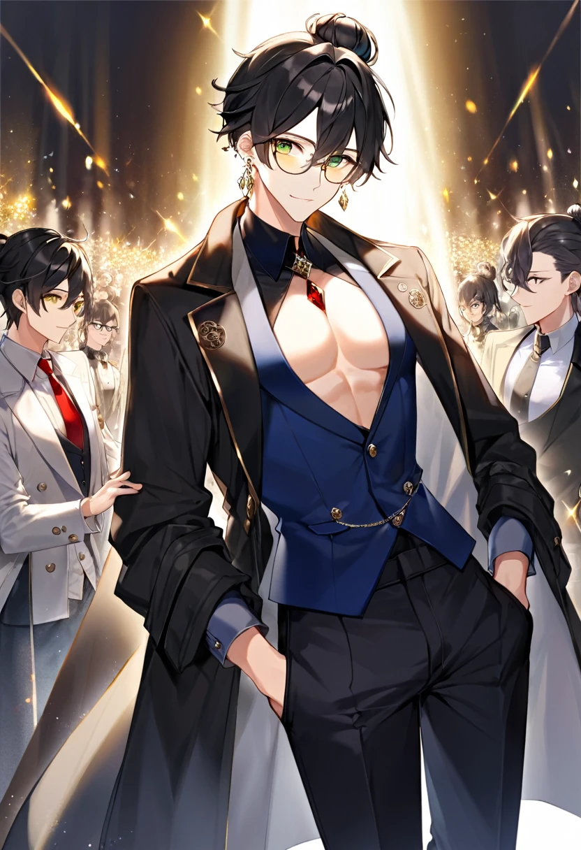 young man, male gender, black hair with red strands in a sidecut bun, very light goatee beard, hazel eyes. Large black coat with white fur on the sides covered, silver watch, big gold earring, small round dark glasses, dark blue shoes, Wide black pants.