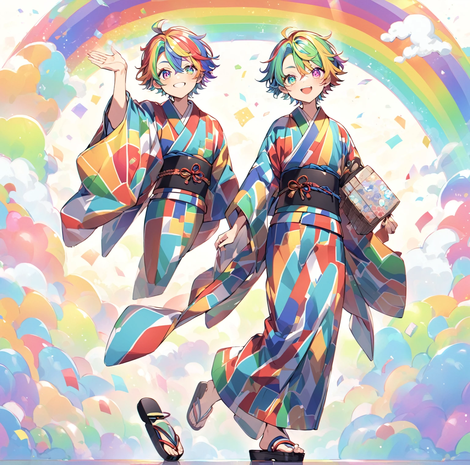 A rainbow haired boy with rainbow eyes , and in an rainbow kimono with a black obi and tradional sandals ,