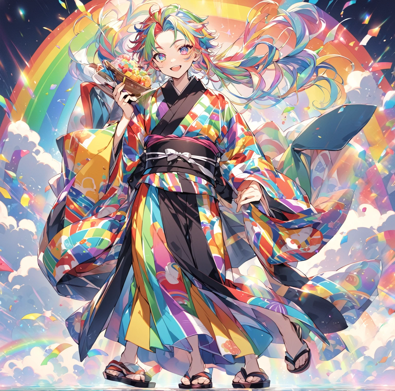 A rainbow haired boy with rainbow eyes , and in an rainbow kimono with a black obi and tradional sandals , 