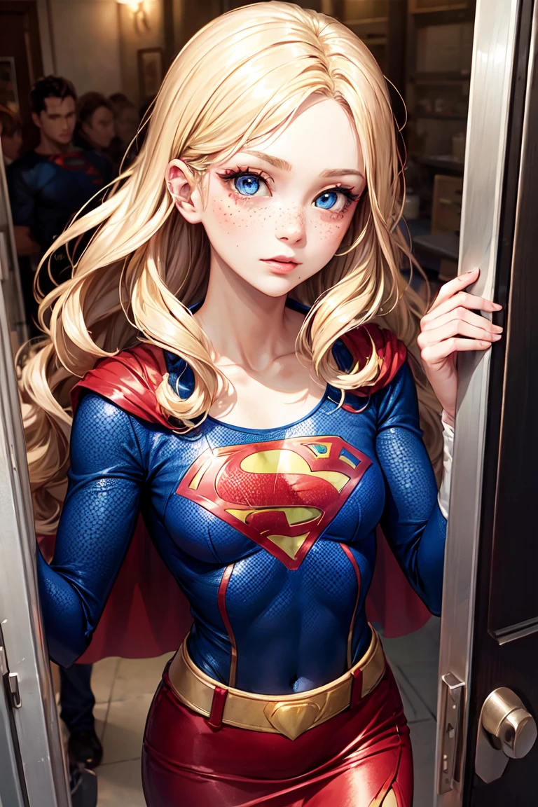 Browsing Caution, One girl, Supergirl, DC Color Eyelashes, Detailed eyes, Detailed face, Superhero, Blonde, Long Hair, Wavy Hair, blue eyes, eye shadow, freckles, Flat Chest, Pencil Skirt, Blue crop top,Red Cape,sf,Stuck in the door