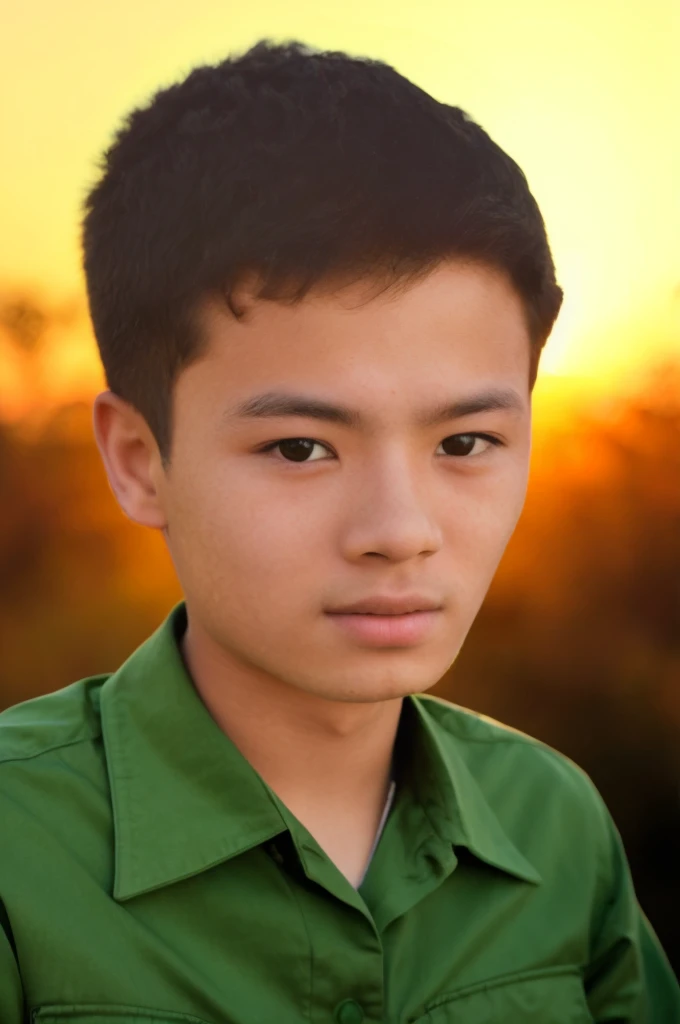 arafed young boy in green shirt looking at camera with sunset in background, portrait a 1 5 - year - old boy, detailed face of a asian boy, realistic portrait photo, digital art but photo, photoshoped, portrait of 1 5 - year - old boy, 14 yo berber boy, color portrait, headshot profile picture